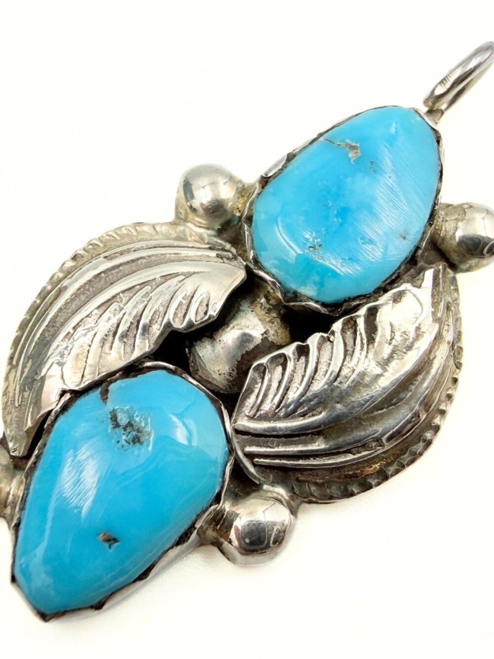 Carmelita Simplicio Marked Leaf Sterling Silver Two (2) Turquoise Navajo Pendant